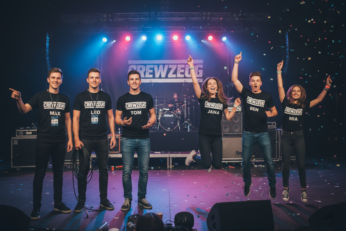 Band mit Helfern und Fans, alle in gleichen Shirts mit dem Bandnamen
